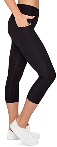 VS Capri Sport Leggings mit Handytasche - 3 Seitentaschen 3/4 Leggins für Handy, Schlüssel, Laufhose, Fitness Sport Tights Schwarz Muster Yoga Hose Sporthose Jogging High Waist