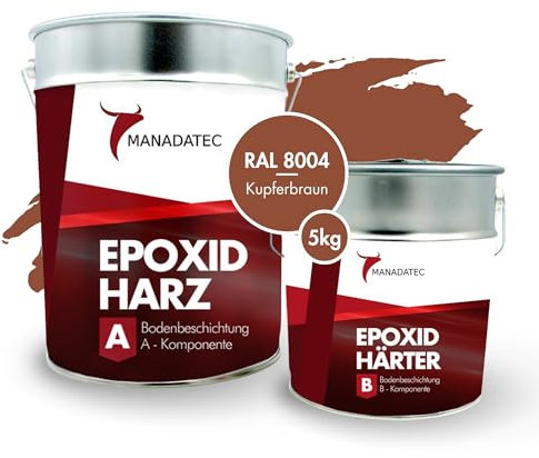 MANADATEC 2k Epoxidharz Bodenbeschichtung 5kg I RAL 8004 Kupferbraun I Lösemittelfrei, Umweltfreundlich & Geruchsneutral I Beschichtung für Garagen- & Kellerböden I Hohe Schlagfestigkeit