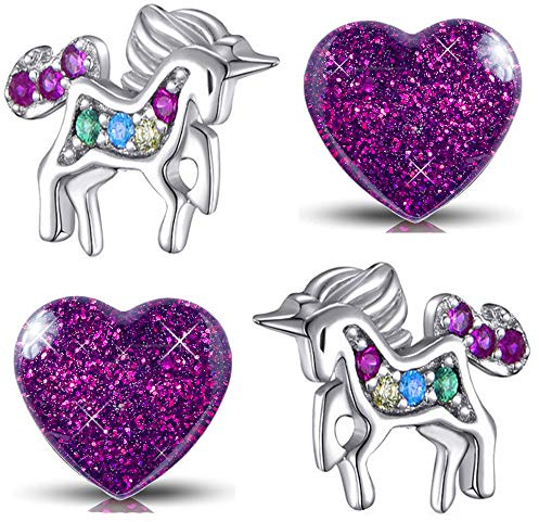 Kinder Mädchen Ohrringe aus echt 925 Sterling Silber mit Zirkonia Set Edelstahl Ohrstecker Einhorn Pferde Herz