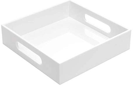 KEVLANG White Sturdy Acrylic Tray with Handles-8x8 Inch- Countertop Organizer Tray for Kitchen,Bathroom,Office- Storage Box for Cosmetics, Jewelry,Toiletries,Toy,Gadgets