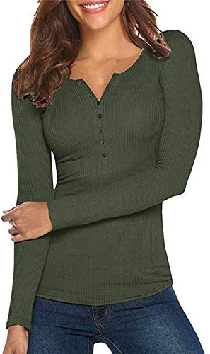 Hiistandd Women's Shirt Long Sleeve Fashion Solid Color Button V Neck Slim Fit T-Shirt Sexy Tops(A-ArmyGreen,Medium)