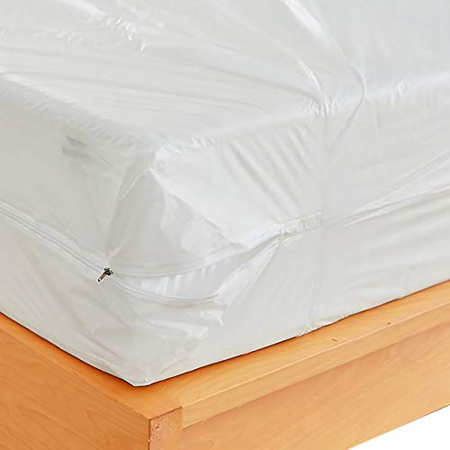 Waterproof Zippered Plastic Mattress Protector Encasement, Vinyl Mattress Bed Cover Proof (Queen Size) White