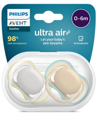 Philips AVENT ultra air Schnuller - 2er Pack, BPA-freier, atmungsaktiver Schnuller für Babys von 0-6 Monaten, inklusive Transport- und Sterilisationsbox, grün/braun (Modell SCF085/15)