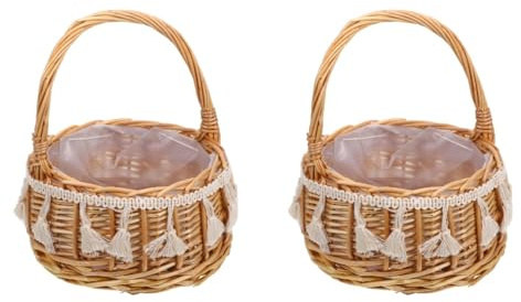 Cabilock 2 Stück Weidenkorb mit Blumen für Hochzeiten Geflochtener Blumenkorb mit Griff Geflochtener Korb für Die Hochzeit Geflochtener Osterkorb mit Griff Rustikaler Blumenmädchenkorb für Khaki