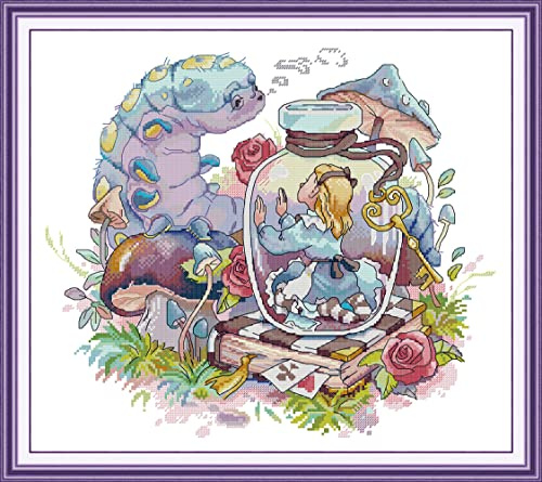 ABEUTY Cross Stitch Kits for Adults Beginners Pre Printed or NOT, Alice in Wonderland Ⅰ Bottle DIY 14 Count Embroidery Sewing Starter Kit Stamped or Unstamped Needlework Home Decor (Stamped, Bottle)