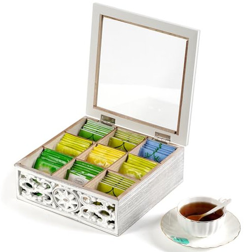 AHUONEL Tepåsare, trä, te-låda, för tepåsar, teförvaring, 9 fack, förvaringslåda för te, kista med klart lock, tepåsehållare, tecaddie för te, kaffe, socker, hem, kök, kontor, vit