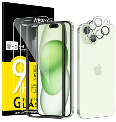 NEW'C Verre Trempé pour iPhone 15 Plus, Protection Écran + Caméra | Outil inclus, Lot de 4, 2x vitres trempées + 2x protections caméra, Transparent, 6,7 pouces, Vitre Protection Écran