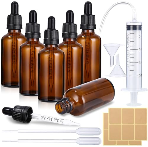 Huifoo 6 Stk Braunglas Pipettenflaschen 50ml mit Trichter und Etiketten | Dunkles Glas schützt Inhalt vor Licht, ideal für ätherische Öle, Chemikalien und Laboranwendungen