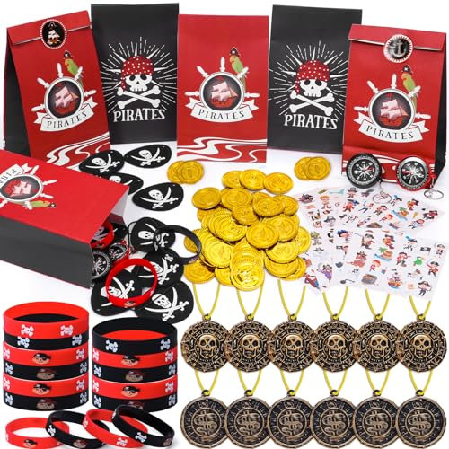 Piraten Mitgebsel Kindergeburtstag 92STK. Piratenparty Geschenketüte Silikonarmband Halsketten Schlüsselanhänger Filz Augenklappen Schnurrbart Tattoos Give Aways Kindergeburtstag für Mädchen Jungen