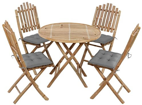 FENLAX 5-TLG. Garten-Essgruppe mit Grau Kissen Klappbar Bambus （Tisch:80x70 cm） Terassenmöbelset Sitzgruppe Outdoor Möbel Sitzlounge für Draußen Balkonmöbel Bequem Dining Lounge Gartenmöbel Set