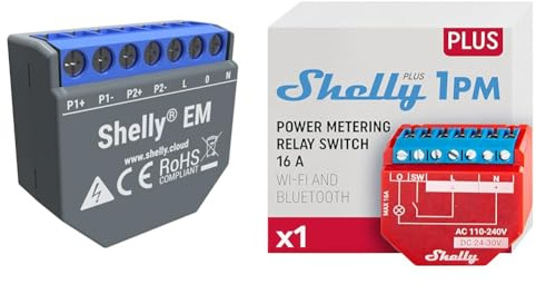 Shelly EM | Wlan-gesteuerter intelligenter Energiezähler und Schützkontrollrelaisschalter & Plus 1PM | WLAN & Bluetooth Relais Schalter mit Strommessung