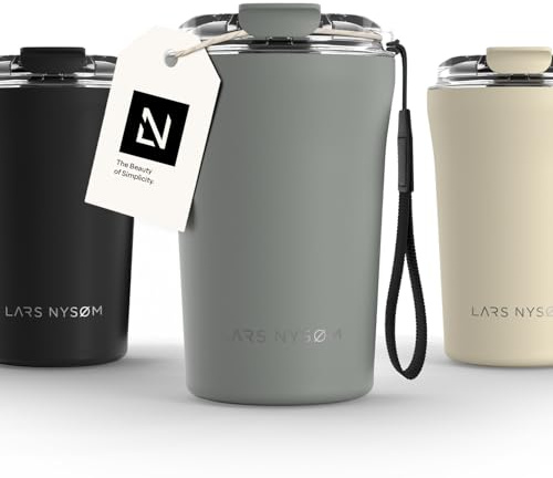 LARS NYSØM Thermo Kaffeebecher-to-go med bärrem & Tritan-lock | er Travel Mug 0,38 liter med isolering | Läcksäker rostfri termosmugg för kaffe & te (Ash Gray, 380ml)