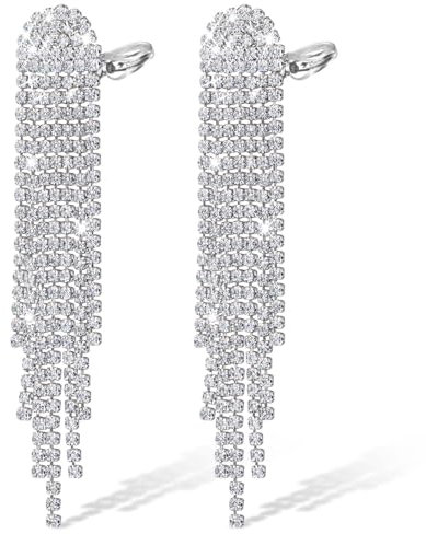 Ohrclips für Damen, Kucheed Strass Quasten Tropfen Ohrhänger, Silberne Kronleuchter Ohrringe, Leichte Nicht Durchbohrte Ohrstecker Lange Kristall Fransen Ohrringe, Schmuck für Hochzeit Party (D)
