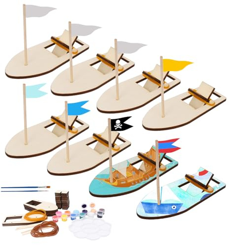 DKINY 8 Stück Holzboot Bastelset Kinder Segelboot aus Holz zum Basteln DIY Holz Schilff Kreativsets mit Farben Segelschiff Kunsthandwerk & Bastelbedarf Holzspielzeug Geschenk für Junge Mädchen