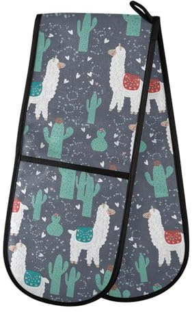 Doppelte Ofenhandschuhe, niedliche Lamas, dunkelblau, hitzebeständig, Topflappen, Ofenhandschuh, Handschuhe für Grillen, Kochen, Backen, Grillen, Mikrowelle