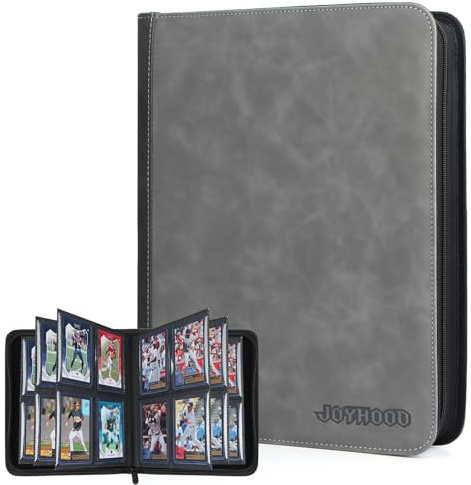 JoyHood Top Loader Binder - 4 Taschen Sammelkarten Album - Halten 112 Top Loaders, Top Loader Album für Sammelkarte und Sportkarten（Grau, 4 Taschen）