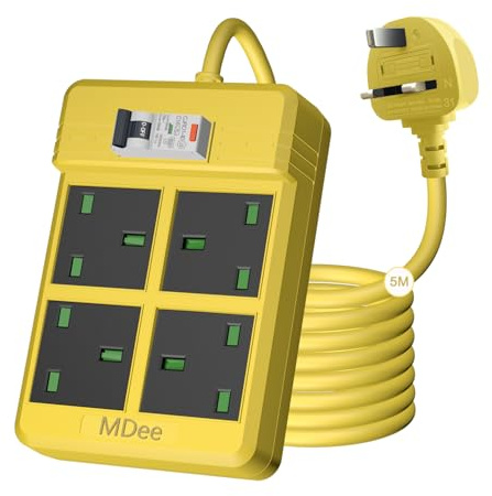 【MDee】RCD Extension Lead 4 in 1 Extension Power Strip 13A/3250W GFCI Surge Protected Extension Socket,5m/16.4ft Heavy Duty Extension Lead with Leakage Protection For Home Workshop Garage,Yellow