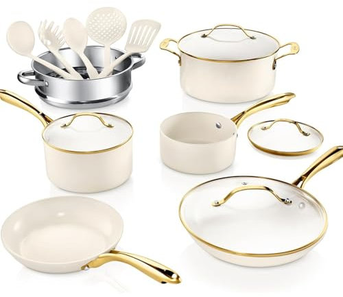HJZSZX Juego de 15 ollas y sartenes de cerámica antiadherentes Juego de utensilios de cocina de cerámica Juego de ollas y sartenes antiadherentes Apto para lavavajillas, dorado crema, juego de más