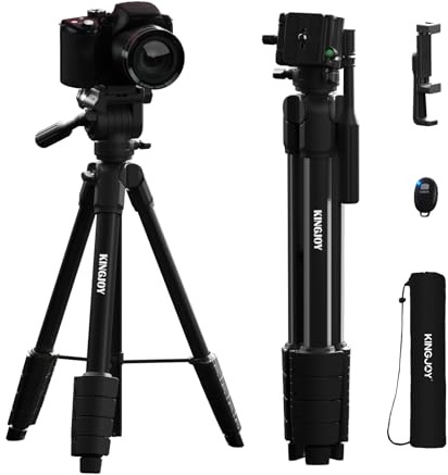 KINGJOY Camera Tripod, 61'' Lightweight phone tripod for Canon Nikon DSLR Camera, Camera Stand with Remote, Phone Holder, Tripod Bag, Black Max Load 11lb