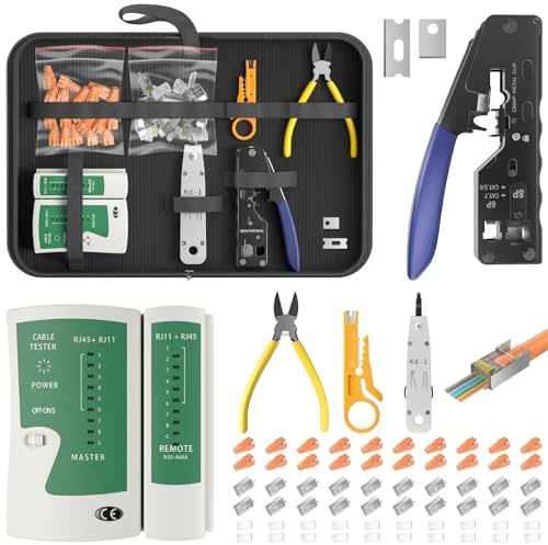 RJ11 RJ45 Crimping Tool Set, Ethernet Crimping Tool Kit with 20PCS RJ45 Connectors & Orange Protective Boots, Network Cable Tester, Diagonal Pliers and Crimping Pliers
