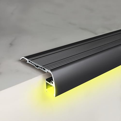 LED-beleuchtete schwarze Aluminium-Treppenkantenkante für Holz-, Beton- und Vinyl-Treppen, L-förmiges Design, schützt und verleiht Stil, erhältlich in verschiedenen Längen