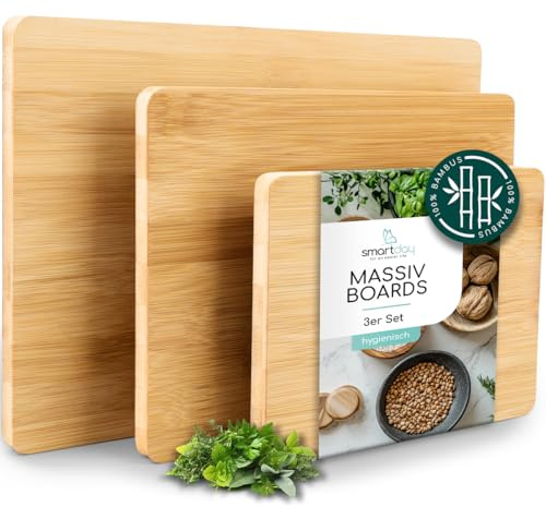 smartday Skärbräda trä av 100 % bambu I set om 3 – extra massiv och robust I köksbräda, skärbrädor, träskärbräda set för kök