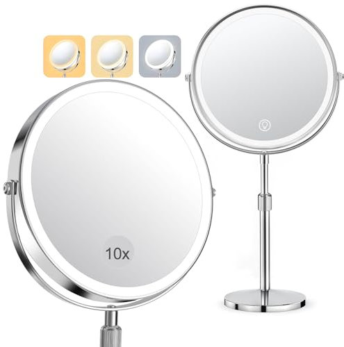 Schminkspiegel mit Beleuchtung, Kosmetikspiegel Vergrößerungsspiegel Mit Licht 10X - Make-up-Spiegel für Präzision, Doppelseitig Vergrößerung 8 2000mAh 3 Farben Beleuchtungsmodi, Rund 360° Drehbar