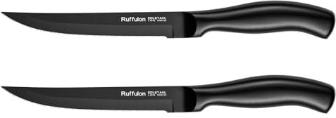 Ruffulon Tamato Knives,Steak Knives Set of 2,Ultra Sharp Serrated Kitchen Knives with Ergonomic Handle,Stainless Steel Black Steak Knife Set,Multipurpose Dinner Knives,Dishwasher Safe,Rust-Proof