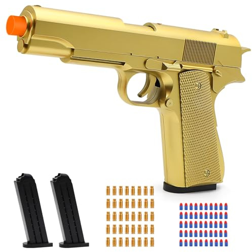 Trokiomi Gold Soft Bullet Toy Gun Shell Ejecting for Boys, Realistic Toy Pistol with 2 Clips, 50 Foam Bullets & 40 Shells, Ideal Christmas Birthday Gift for Boys Adults