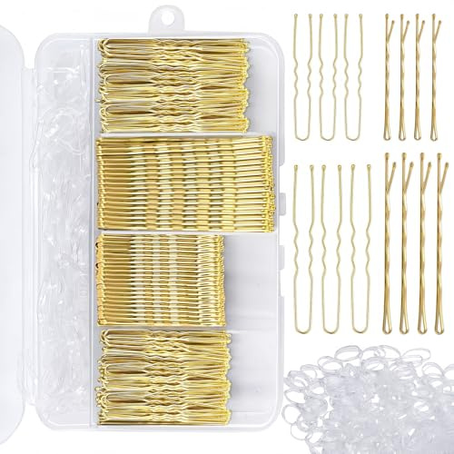Coco Berming 300 Horquillas Pelo Mujer, Pinzas Chignon Invisibles, Pasadores Metálicos, Gomas para el Cabello, Accesorios Cabello, Caja Organizadora Incluida (Dorado)