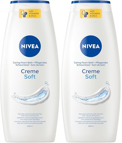 NIVEA Crema Soft - Bagno in schiuma nutriente con profumo delicato e olio di mandorle, bagno rilassante protettivo per la pelle per una sensazione di pelle curata (650 ml) (Confezione da 2)