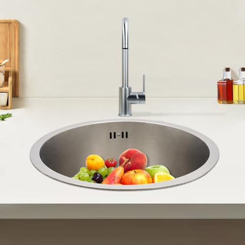 Évier rond en acier inoxydable 41 cm - 1 bac encastrable - Petit évier de cuisine avec kit de vidange - Évier à fente unique pour cuisines, salles de bains, cafés