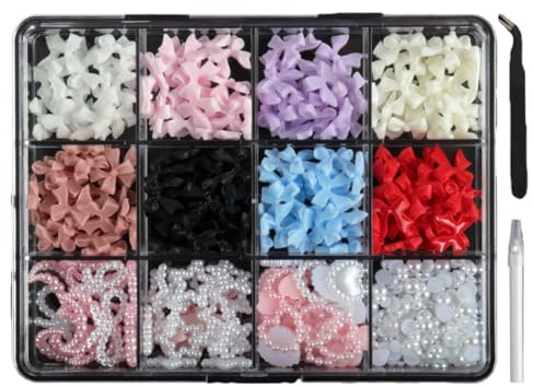 OUDQFCJ 500 Pcs Charms Ongles 3D, Décorations Ongles Nœuds avec Outil d'Application, Accessoires Nail Art DIY pour Femmes et Filles