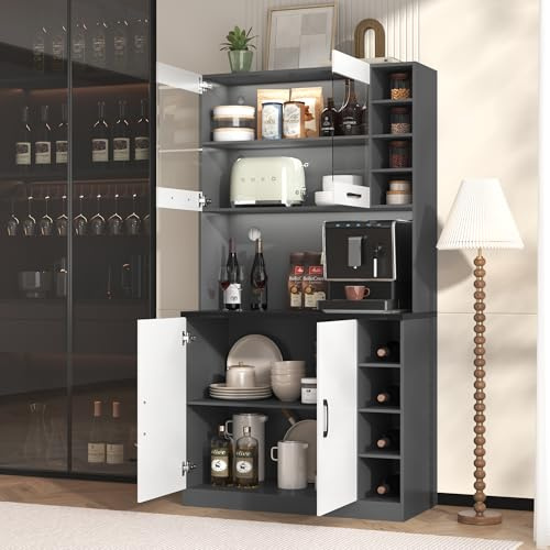 MURUL 100 x 47 x 187 cm, armadio da cucina, buffet con illuminazione a LED e fori per cavi, tavolo da cucina in legno, grande spazio per microonde, autoportante, ripiani laterali regolabili in altezza