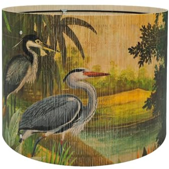 Rustikaler und Retro-Lampenschirm aus Bambus, tropisches buntes Tier-Design | Art Deco, für Tischlampen und Stehlampen, grooviges, einzigartiges Reiher-Muster, Größe 30 x 23 cm