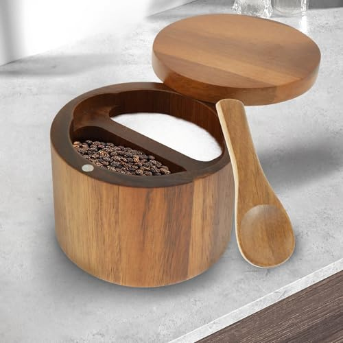YUNYOUC Acacia Wood Salt Bowl with Built in Spoon and Magnetic Swivel Lid, Round Salt Cellar Kitchen Pepper Cellar Holder for Storing Pepper Sugar Spice (Two Compartments)