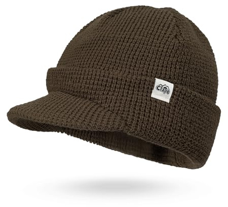 CLAPE Ullbeanie, mössa med skärm, varm, vintermössa, män, stickad mössa, dam, akrylstickad mössa, elastisk, kort brätte hatt, CLKH03-brun, one size