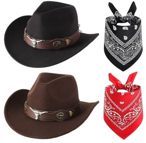 FCXVXCL Chapeau Western 4 Pièces Casquettes Foulard Set Chapeau De Cowboy Occidental Vintage Avec Accessoires Uniques Tête De Taureau Adaptés Pour Halloween Les Fêtes À Thème