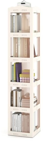 HOMASIS Bibliotheque Rotative à 360° à 3/4/5 Niveaux, Bibliothèque Étagère Rangement Pliante, Étagère d'angle sur Pied, pour la Maison, Le Salon (Blanc,5,36,5x36x174cm)