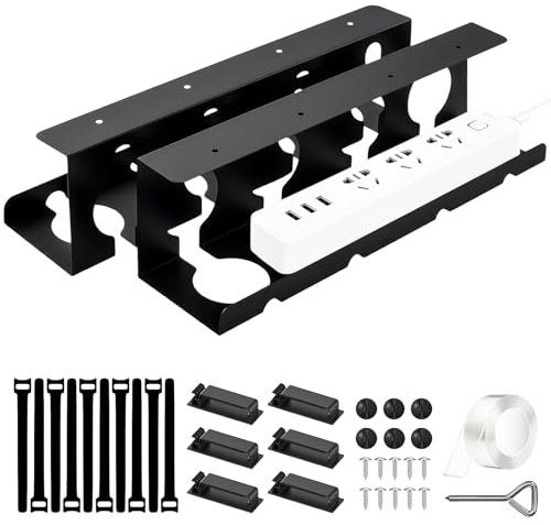 2 Pcs Cable Management Bureau, Adhésif et Vissé, Goulotte Passe Cable avec 12 Clips Fixation Fils, 10 Vis, 10 Attaches, Tournevis, Bande, Chemin de Cable pour Maison