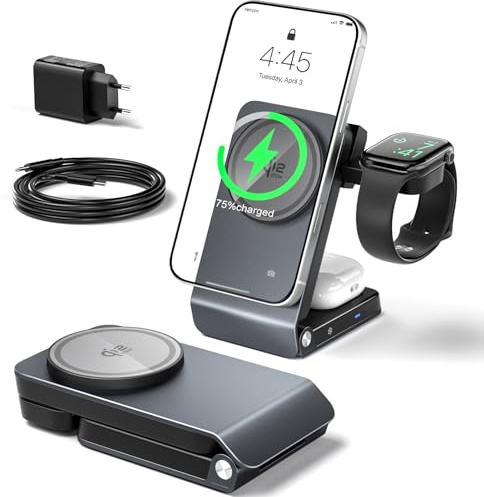 CloudValley 3 in 1 caricatore wireless per apple, Qi 2.2 25 W Ricarica rapida, compatibile con MagSafe, Robusto e durevole, Dissipazione attiva del calore, Portatile