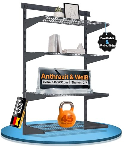 BOOMET Wandregal Metall Anthrazit mit Drahtboden · 28 Varianten · 50x60x30cm (HxBxT) 2 Böden · Flexibles Wandschienen Regalsystem für Ankleide, Vorratsraum, Büro, Garage, Keller & Werkstatt