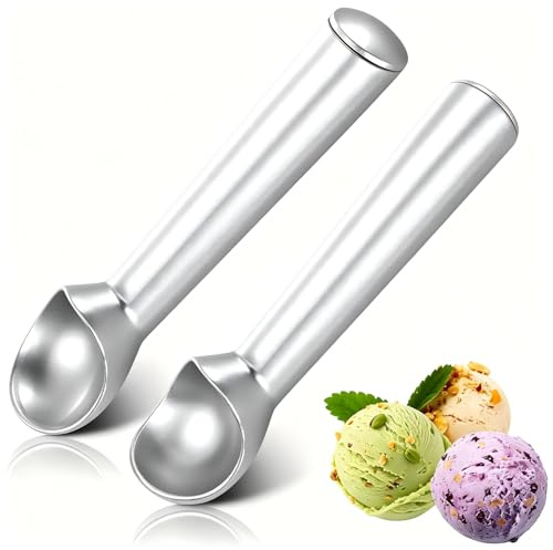2 Pcs Icecream Scoop, Ice Cream Scoop with Comfortable Handle, Self-Melting Non-Stick Ice Cream Spoons, Perfect for Hard ice Cream Gelato, Melon Balls, Dishwasher Safe, 7.2 inch (Silver)