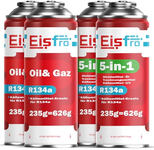 Eisfro 5 en 1 – Lote de refrigerante sustituto R134a – 2X Gas sustituto R134a con Aceite + 2X refrigerante sustituto R134a 5 en 1 XL con sellador de Fugas, Marcador UV y deshidratante – 4X 235 g