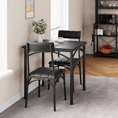 GarveeMore 3-Teiliges Esstischset Für 2 Personen, Kleiner Küchentisch Mit Gepolsterten Stühlen, Quadratischer Holztisch Mit Sitzpolster, Platzsparendes Essset Für Wohnung, Schwarz