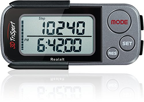 Realalt 3DTriSport Walking 3D Pedometer with Clip and Strap Free eBook | 30 Days Memory Accurate Step Counter Walking Distance Miles/Km Calorie Counter Daily Target Monitor Exercise Time.