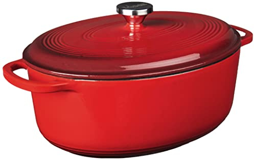 Lodge Red Enameled Cast Iron Oval Casserole Dish with Lid Double Handles Oven Safe to 500 F or Stovetop for Marinating, Cooking, Baking, Cooling and Serving