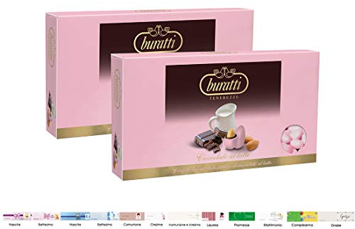 Confetti Buratti Tenerezze Classiche al Latte Rosa 2 Kg + 100 bigliettini bomboniera