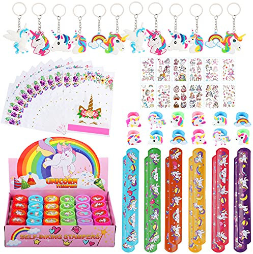 Shinelee 84 Stück Einhorn Party Mitgebsel Kinder, Einhorn Stempel Kinder Geschenktüten Einhorn Schlüsselanhänger Ring Tattoos Schnapparmband, Einhorn Mitgebsel Kindergeburtstag Mädchen