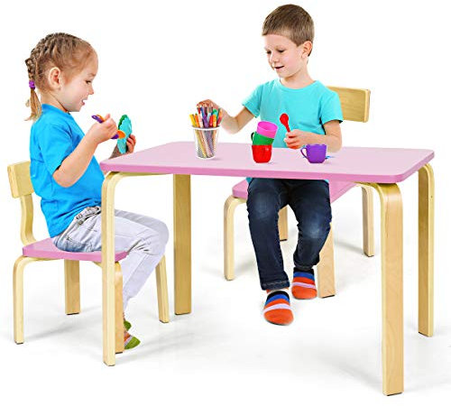 COSTWAY Juego de 1 Mesa y 2 Sillas para Niños Grupo de Mueble de Madera para Cuarto de los Niños Sala de Estar (Rosa)